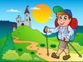 Cartoon hiker boy near castle Royalty Free Stock Photo