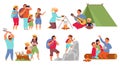 Cartoon hiking characters. Travelling people, funny woman travel with family. Young group in camping, scouts adventures