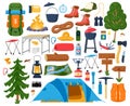 Cartoon hiking equipment, tourist camping campfire, tent and sleeping bag. Torch lighter, binoculars, barbecue grill and