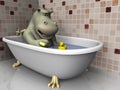 Cartoon hippo in bathtub.