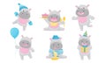 Cartoon Hippo Boy Character Holding Balloon and Eating Cake Vector Set