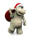 Cartoon hippo carrying a santa bag.