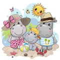 Cartoon hippo family on the beach Royalty Free Stock Photo