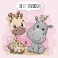 Cartoon Hippo and Giraffe on a pink background