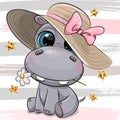 Cartoon Hippo with hat on a striped background Royalty Free Stock Photo