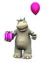 Cartoon hippo holding birthday gift and balloon.