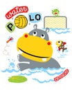 Cartoon of hippo playing water polo with its little friends