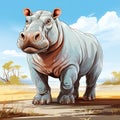 Cartoon Hippopotamus Standing on a Sunny African Savannah. AI generation