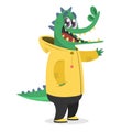 Cartoon hipster crocodile in a yellow rain coat. Animal in clothing. Casual style. Cartoon vector illustration.