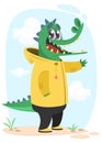 Cartoon hipster crocodile in a yellow rain coat. Animal in clothing. Casual style. Cartoon vector illustration Royalty Free Stock Photo