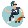 Cartoon Hipster Geek Scater Jump Skateboard Summer Character Icon on Stylish Background Design Vector Illustration Royalty Free Stock Photo