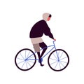 Cartoon hipster male riding city bicycle vector flat illustration. Active teenager man on retro bike isolated on white Royalty Free Stock Photo