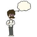 cartoon hipster man with mustache and spectacles with thought bu