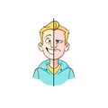 Cartoon hipster young man with half of happy and angry face vector graphic illustration Royalty Free Stock Photo