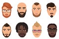 Cartoon hipsters bearded men guys avatars with modern hairstyles, mustaches and beards isolated.