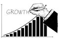 Cartoon of Histogram Financial Chart or Graph and Hand Writing Word Growth Royalty Free Stock Photo