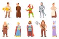 Cartoon historical medieval characters, king and queen, princess. Middle age knight, blacksmith, peasant, jester character vector Royalty Free Stock Photo