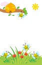 Bees and flowers on grass cartoon frame for kids Royalty Free Stock Photo