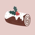 Cute cartoon holidays yule log dessert illustration isolated on pink background