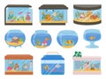 Cartoon home aquariums with fishes, corals, plants and decor. Aquarium tank with underwater pets and seaweeds. Glass Royalty Free Stock Photo