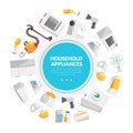 Cartoon Home Electronics and Appliance with Vacuum Cleaner and Fridge Arranged in Circle Vector Template