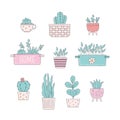 Cartoon home plants in flowerpot vector illustrations. Trendy home decor, cactus, urban jungle, cute houseplants, for Royalty Free Stock Photo