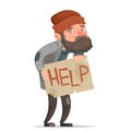 Cartoon homeless bum piece cardboard inscription paper help character vector illustration Royalty Free Stock Photo