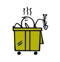 Cartoon homeless, hungry stickman climbed into a trash can in search of leftovers. Vector illustration of an unhappy