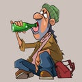 Cartoon homeless man drinks sitting on the ground