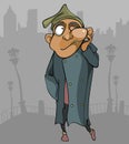 Cartoon homeless man with the flux goes through the city