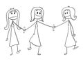 Cartoon of Homosexual Couple of Two Lesbian Women Walking and Holding Hands, One of Them is Also Holding Hand of Another