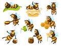 Cartoon honey bee mascot. Cute bee character with organic honey pot, bottle and flower vector illustration set Royalty Free Stock Photo