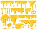 Cartoon honey drips. Dripping golden delicious honey flows, yellow natural sweets splashes and honey syrup drops vector