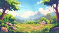 Cartoon Horizontal Background Mesmerizing Views of the Valley Among the Mountains, the Running River, and the Coniferous Royalty Free Stock Photo