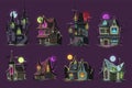 Cartoon horror house set. Scary haunted buildings, ghosted halloween creepy castles, gothic spooky homes, mysterious