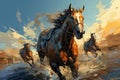 Cartoon horse race, riders compete in equestrian sport