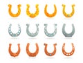 Cartoon horseshoe. Golden silver copper horse shoe. Decorated lucky symbols with ornaments and gemstones. Isolated blacksmith Royalty Free Stock Photo