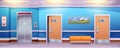 Cartoon hospital corridor interior with elevator, sofa and doors to wards Royalty Free Stock Photo