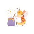 Cartoon hostess bee in an apron prepares honey in a cauldron. The child character of bee chef on white background in