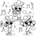 Cartoon hot mariachi peppers. Vector black and white coloring page.