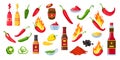 Cartoon hot sauce. Chili ketchup bottles and jars, wasabi and mustard. Souce splashes, spicy dip and cayenne pepper with