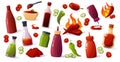 Cartoon hot sauce. Mexican spicy ketchup wasabi mustard with chilli peppers, spicy sauce food ingredients. Vector Royalty Free Stock Photo