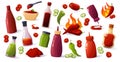 Cartoon hot sauce. Mexican spicy ketchup wasabi mustard with chilli peppers, spicy sauce food ingredients. Vector isolated set Royalty Free Stock Photo