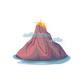 Cartoon hot volcano with magma and lava. Vulcano rock mountains icon isolated on white. Vector illustration