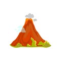 Cartoon hot volcano with magma and lava. Vulcano rock mountains icon isolated on white. Vector illustration