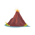 Cartoon hot volcano with magma and lava. Vulcano rock mountains icon isolated on white. Vector illustration