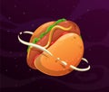 Cartoon hotdog planet. Giant round hot dog in the space.