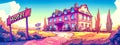 Cartoon hotel exterior in a vibrant sunset landscape Royalty Free Stock Photo