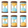 Cartoon hourglass. Old sandglass with falling sand inside, vintage timer for measuring time, animation illustration Royalty Free Stock Photo