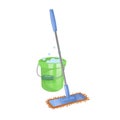 Cartoon house and apartment cleaning service icon. Modern plastic blue dry mop with handle and green bucket with washing liquid.